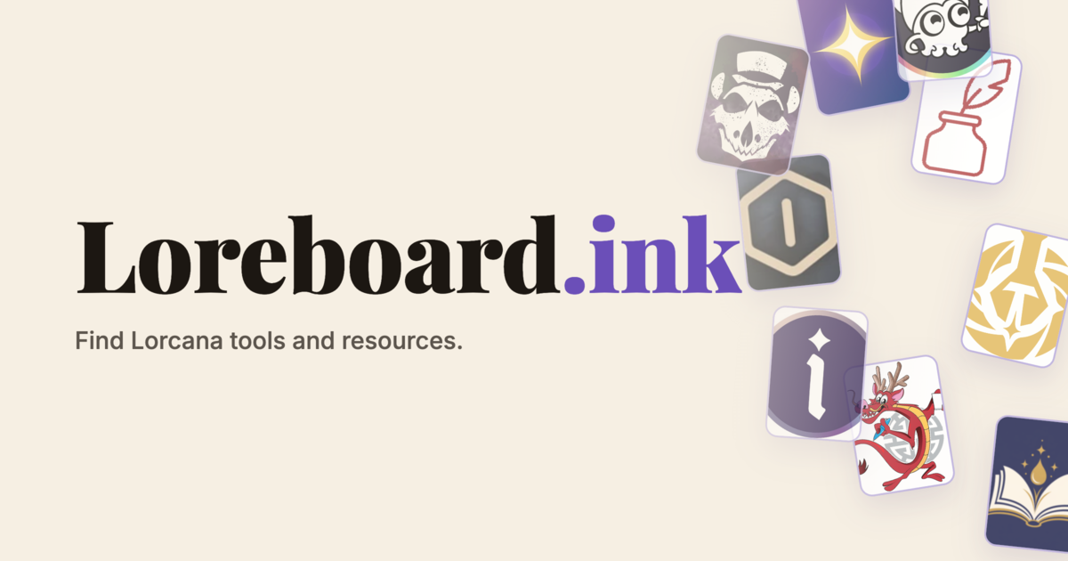 Loreboard directory wordmark with illustrated Lorcana resource tiles